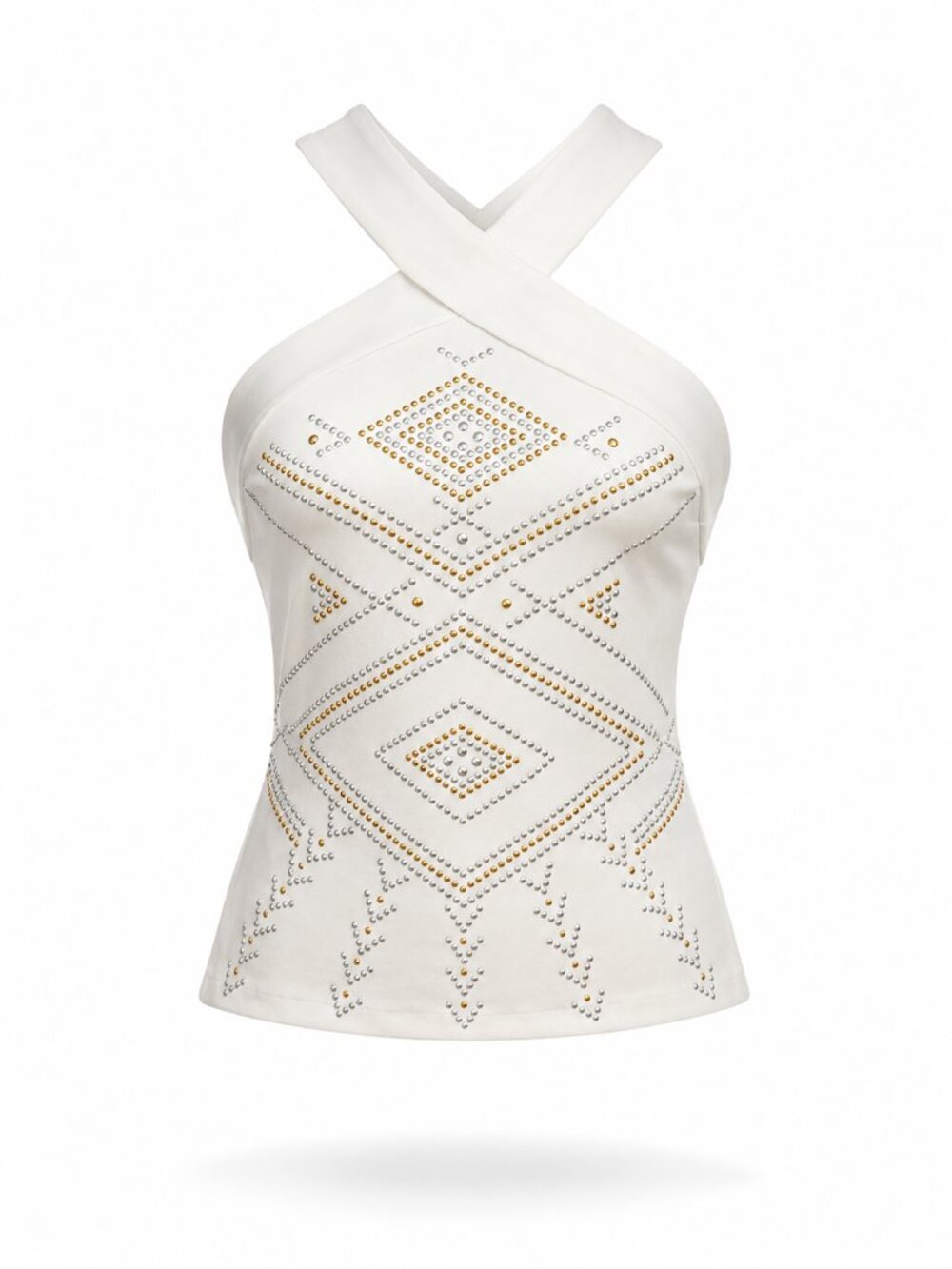 Bisou Bisou White Studded Halter Tank Top Y2K Glam Rhinestone Size Small